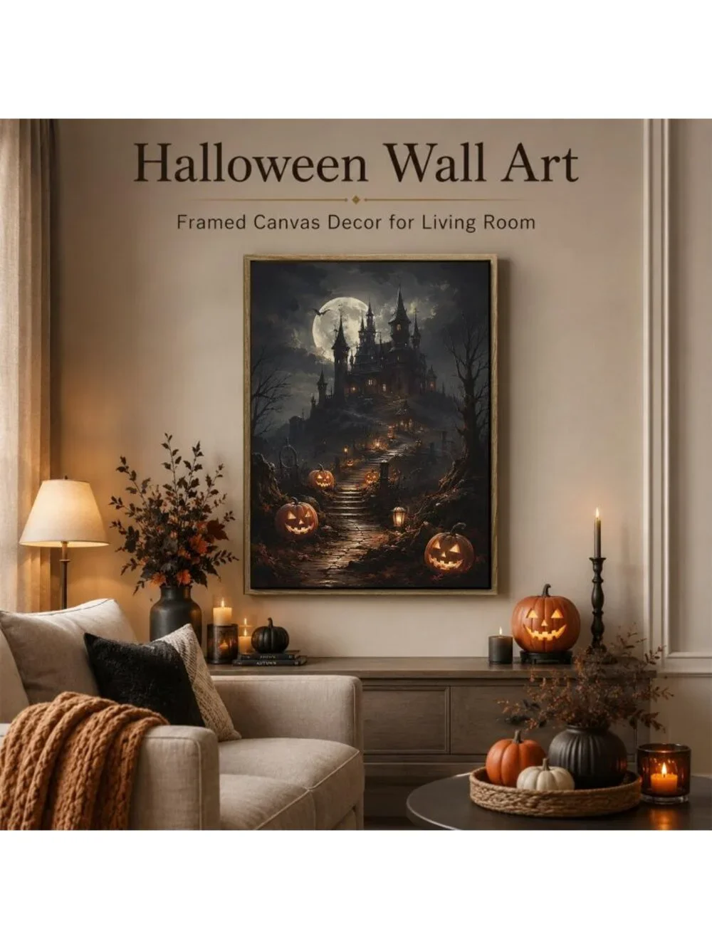 Spooky Halloween Framed Wall Art - Haunted House & Pumpkin Decor Pictures
